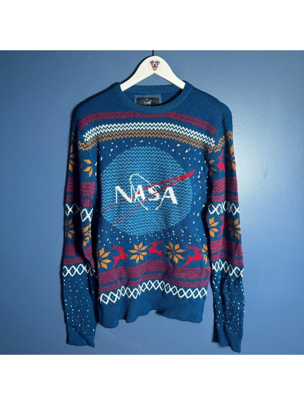 NASA Meatball Logo Ugly Christmas Sweater Fair Isle Knit Blue Size M